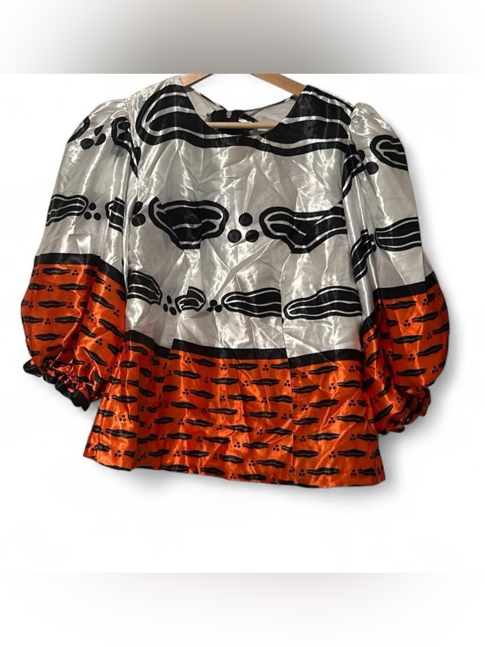 Women's Colorblock Puff-Sleeve Satin Top in Silver and Orange